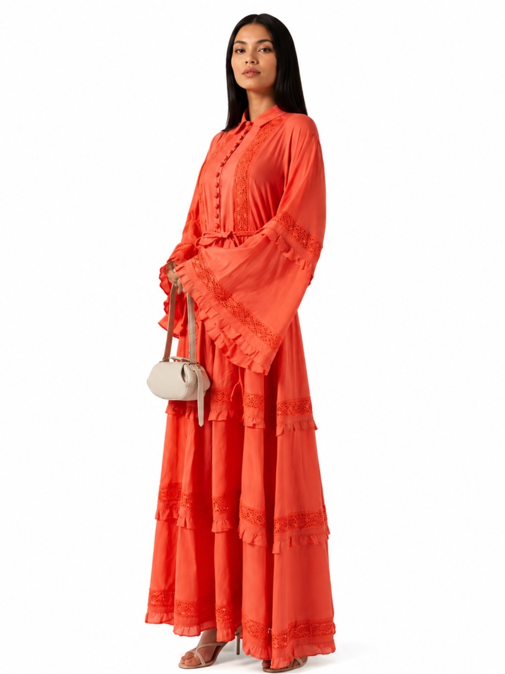 Joslin Coral Oversized Bohemian Bell Sleeve Tiered Ruffle Maxi Dress
